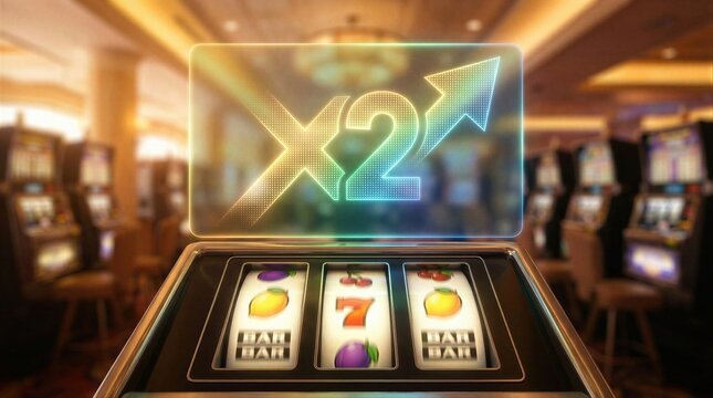 Slot machine showing winning combination with digital multiplier x2 sign. Casino gambling concept, jackpot success and bonus achievement. Virtual growth arrow over game screen displays.