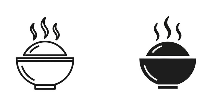 Steaming hot bowl of rice vector line and glyph icon with comfort food staple food delicious