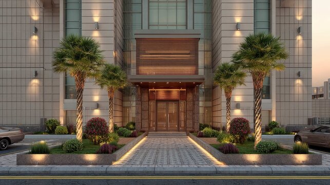 Modern architectural entrance with palm trees and landscaped garden in urban setting during sunset