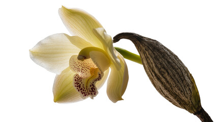 Delicate pale yellow orchid bloom with spotted lip next to a dried seed pod, isolated on transparent background © TONSTOCK