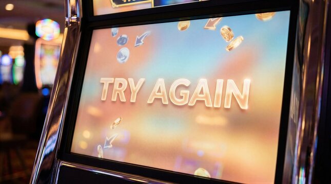 Slot machine screen showing try again text with falling gold coin. Gambling loss screen in casino. Interactive display of electronic gaming device. Concept of failure and bad luck.