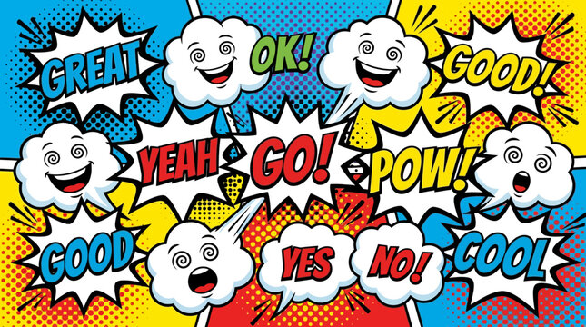 Vibrant comic pop art scene with expressive speech bubbles, bold typography, colorful rays and dots, playful energy, dynamic reactions.