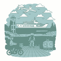 Naklejka premium Global travel and transport scene with ship plane and cyclist
