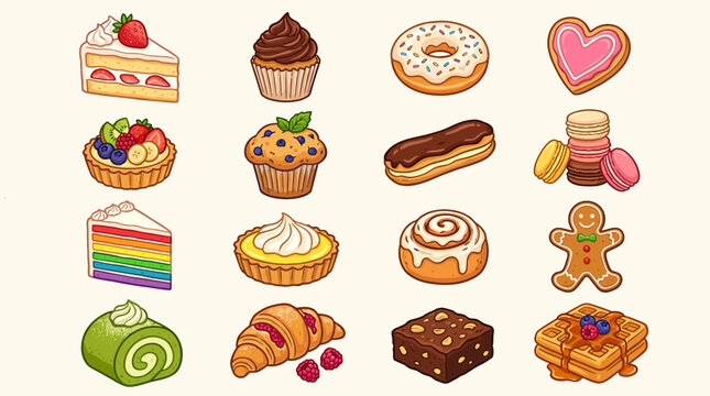 Colorful grid of illustrated desserts, showcasing cakes, pastries, cookies, and tarts in playful cartoon style with vibrant textures and sweetness.