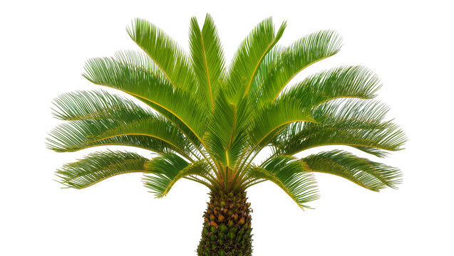 Green sago palm fronds with textured trunk, isolated on transparent background