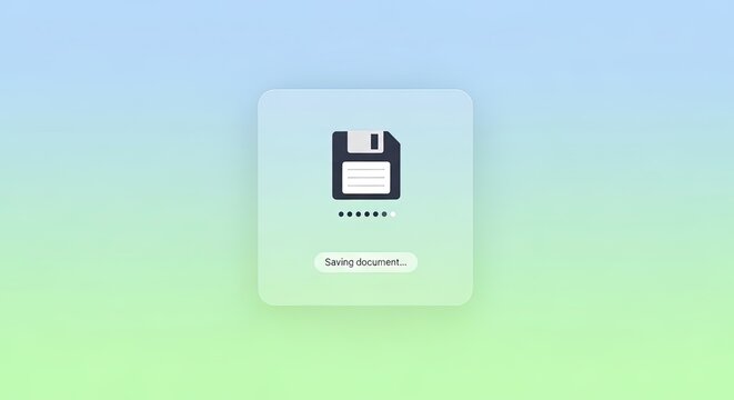 Glassmorphism style loading animation with a floppy disk icon and saving document text on a soft gradient background