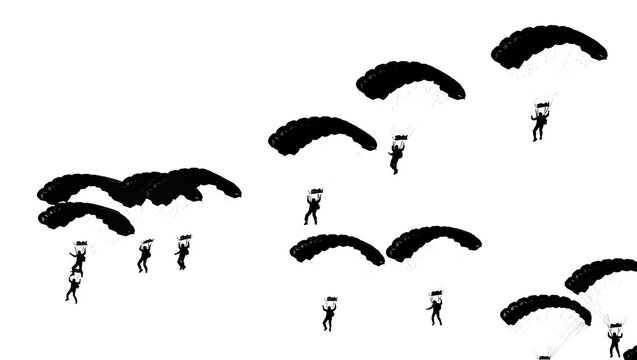 Multiple black parachutes with tiny silhouetted skydivers descending, isolated on transparent background