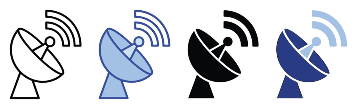 Set of satellite dish antenna icons broadcasting wireless network signals for modern technology