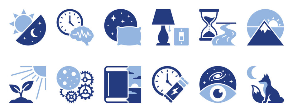 Set of wellness icons daily rhythm, time, sleep, nature, and cognitive health themes