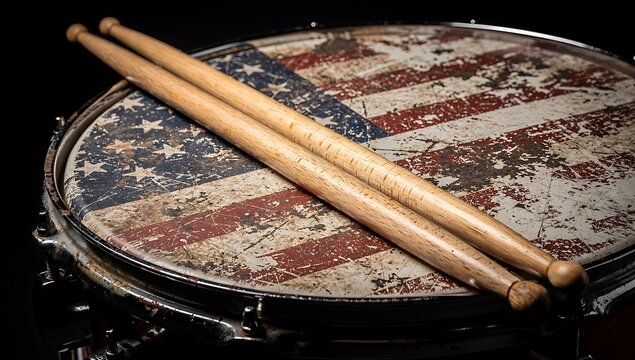 Retro snare drum with wooden drumsticks on dark textured surface close-up