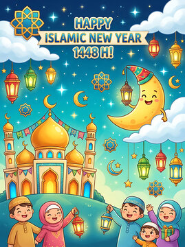 Celebrating Islamic New Year 1448 AH Colorful Crescent Moon and Mosque with Festive Lanterns