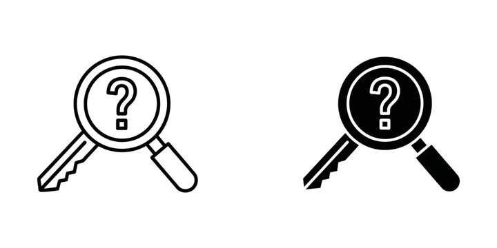 Search and discovery icon set with magnifying glass key and question mark for problem solving