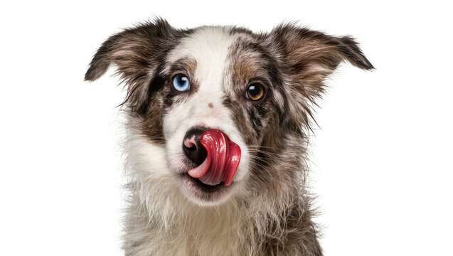 Merle Border Collie dog licking its nose, isolated on transparent background