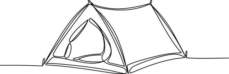 Continuous single line drawing of a travel camping tent with outdoors minimalist continuous illustration creative isolated adventure vacation exploration equipment activity recreation © MstAsmaAkter