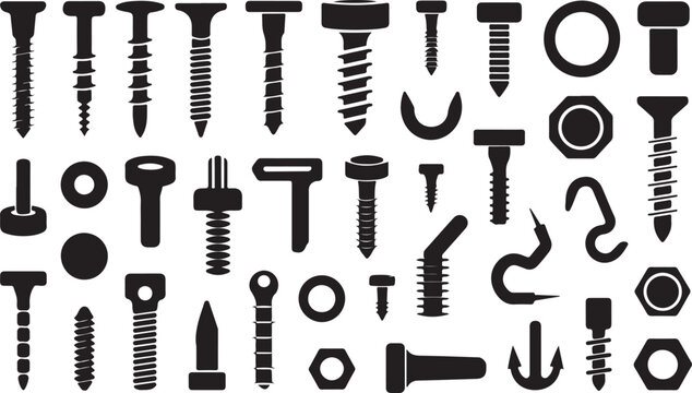Silhouettes of wall plugs, bolts, nuts and screws