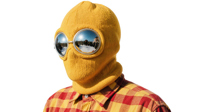 Yellow knitted balaclava with large round goggles plaid shirt, isolated on transparent background