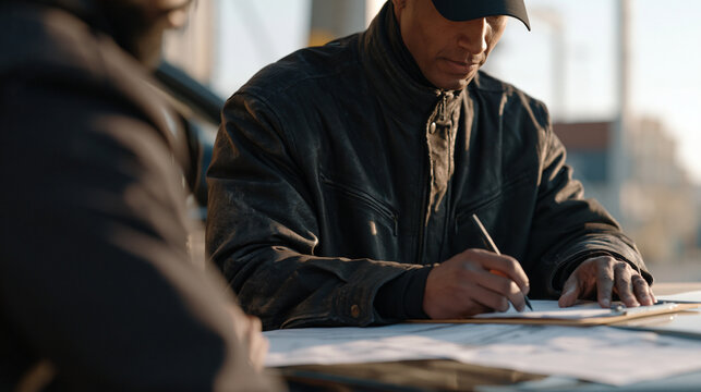 Port authority cargo theft investigator photographs broken container seal at dockside inspection station, evidence marker placed beside tampered lock mechanism while partner sketches incident report