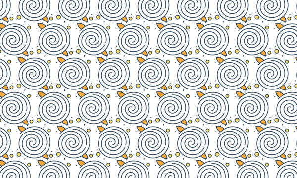 Outline spiral seamless pattern with orange teardrop accent and yellow dots on white background, minimal abstract design