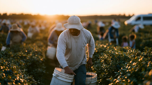 Rows of blueberry pickers moving through a Michigan field at golden hour, migrant worker families with buckets and ladders, children watching from a parked van at the field edge, seasonal agricultur