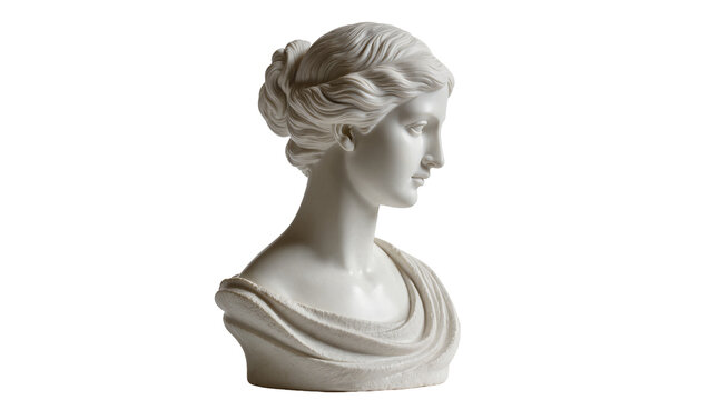 Classical marble bust of a woman with elegant hairstyle, isolated on transparent background