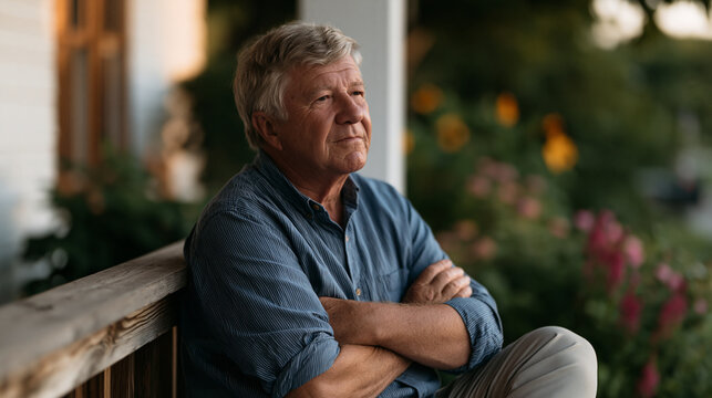 Retired grandfather sitting on porch steps arms crossed watching his adult son parent grandchildren differently than he expects, generational tension visible in posture, summer garden in full bloom 