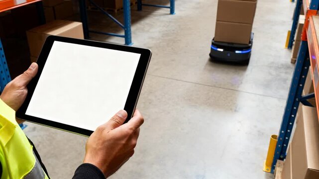 An operator uses a digital tablet to control an automated robot transporting boxes in a warehouse.
