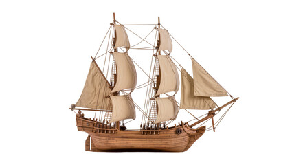 Detailed wooden sailing ship model with tan sails, isolated on transparent background © TONSTOCK