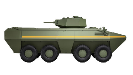 Green armored personnel carrier with turret and wheels, isolated on transparent background © TONSTOCK