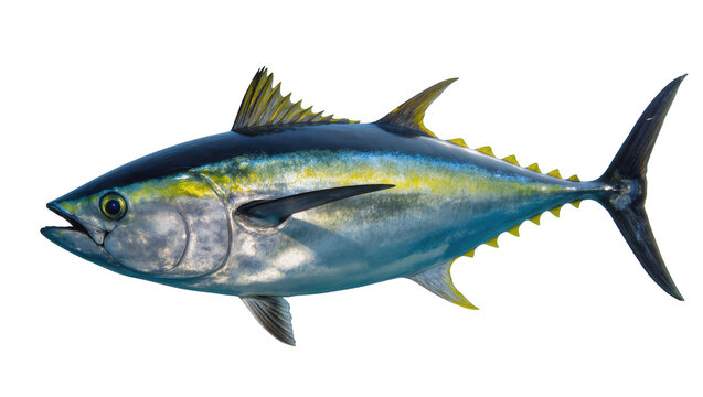 Bluefin tuna fish with yellow fins, isolated on transparent background