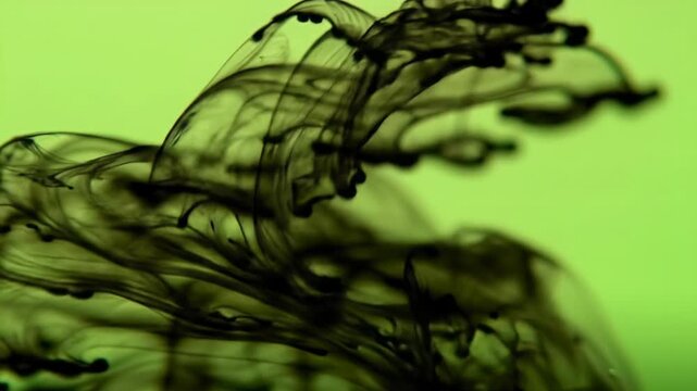 Ultra slow-motion macro video: viscous black ink diffuses into luminous lime green liquid, forming smoky patterns, transforming to deep emerald. Concept of organic alchemy