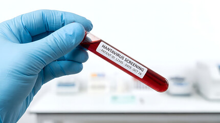Obraz premium A gloved hand holds a labeled blood sample tube in a medical laboratory setting with various equipment.