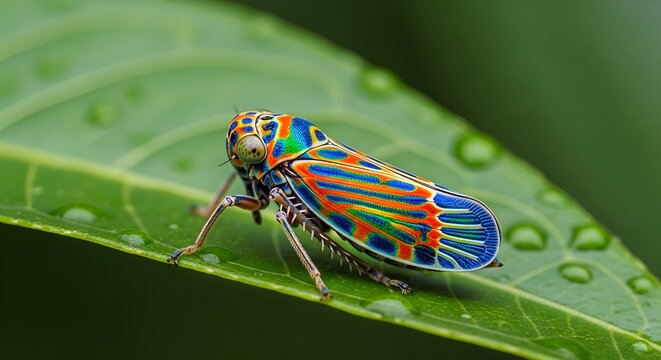 Colorful insect on leaf with water droplets, macro view