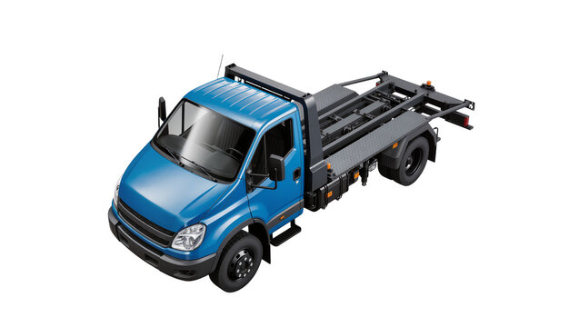 Blue skip loader truck with black metal chassis, isolated on transparent background