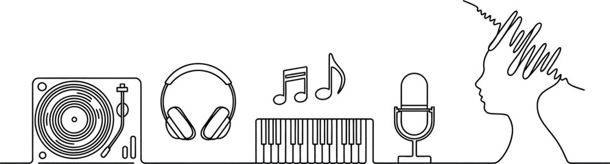 Abstract continuous line drawing of music elements and a human head silhouette with sound waves line art single line white background headphones microphone keyboard silhouette creative © MstAsmaAkter