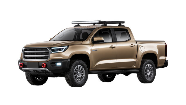 Gold pickup truck with roof rack and tow hooks, isolated on transparent background