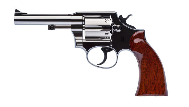 Shiny chrome revolver with polished wood grip, isolated on transparent background