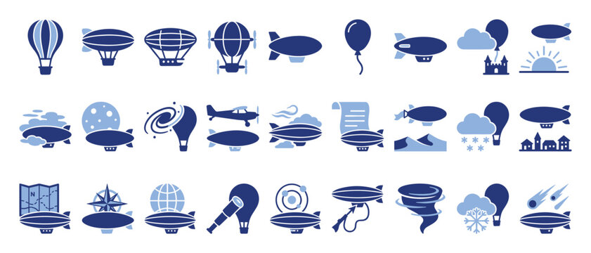 Set of hot air balloon and airship icons depicting travel adventure exploration and weather
