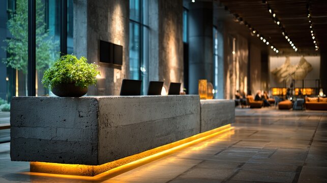 Dark moody interior of a luxury office lobby featuring a textured concrete reception counter with vibrant yellow backlighting.