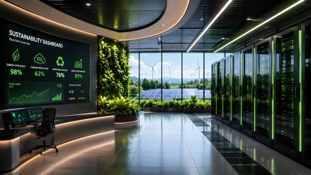 Modern IT infrastructure room integrating sustainability dashboard display server networks and biophilic green walls overlooking clean energy generation