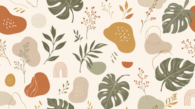 Minimalist seamless pattern with abstract organic boho elements, hand drawn botanical leaves and earth toned shapes on cream background