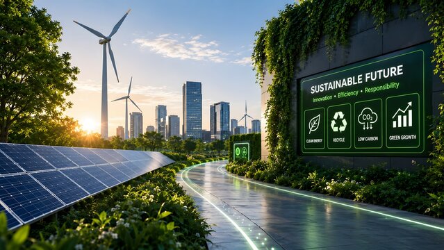 Smart city infrastructure walkway lined with solar panels wind turbines and a sustainable green building featuring eco-friendly energy digital display