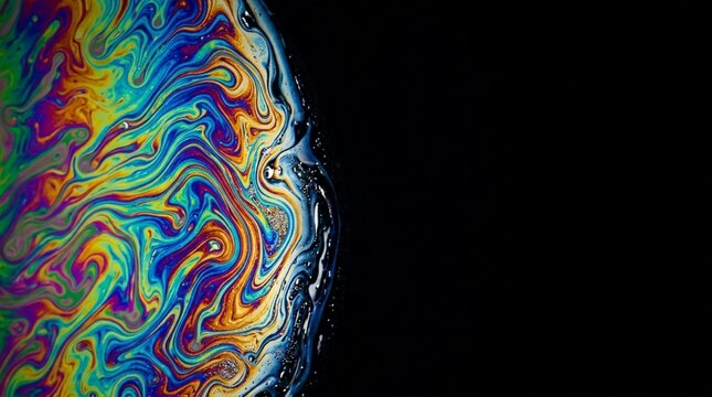 Iridescent soap bubble surface with swirling colors and dark background