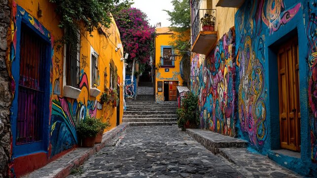 Callejon de los Sapos narrow colorful alley, Puebla Mexico outdoors wide view