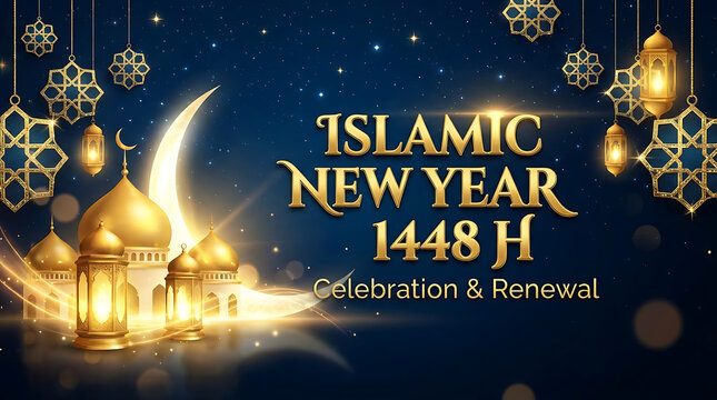 Islamic New Year 1448H Celebration with Lanterns Crescent Moon and Golden Mosques