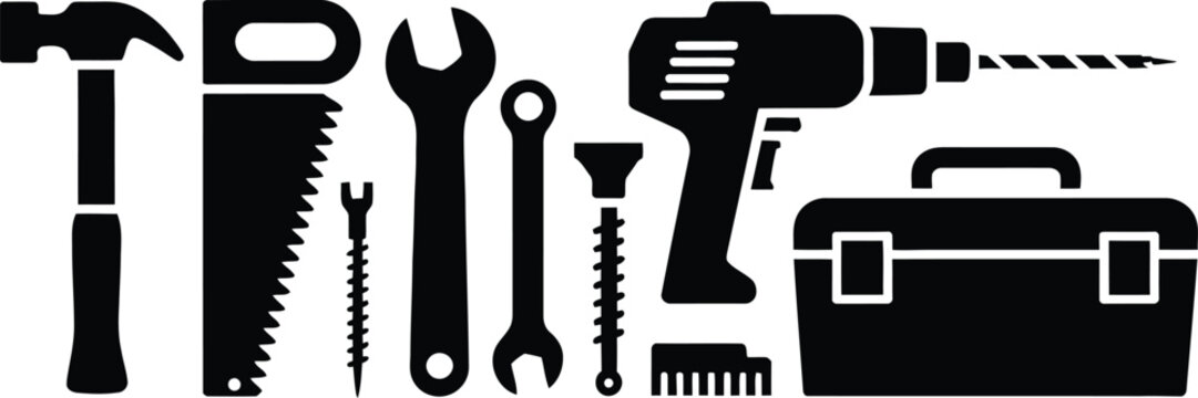 Collection of construction and diy tools in silhouette: hammer screwdriver saw wrenches drill toolbox with hand tools power tools home improvement tool kit tool chest black and white wrenches