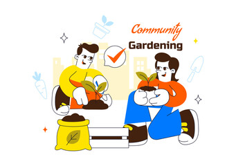 Fototapeta premium Community Gardening Vector Illustration Featuring Urban Farming, People Planting Together, Sustainable Green Lifestyle and Neighborhood Garden Design