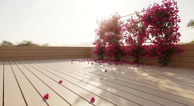 Sunny outdoor wooden deck with vibrant pink bougainvillea flowers and scattered petals under a bright sky.