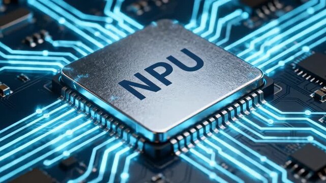Neural processing unit NPU chip on motherboard with blue energy pulses and electrical sparks.
