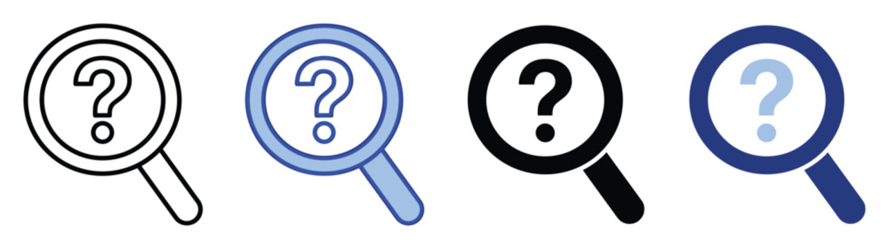 Set of magnifying glass question mark icons for search inquiry information help and assistance