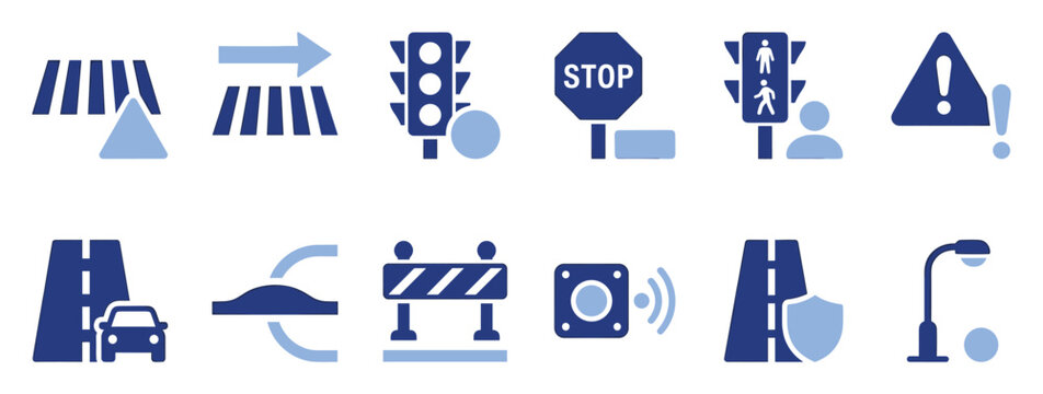 Set of road safety and intelligent traffic management icons for modern urban mobility applications
